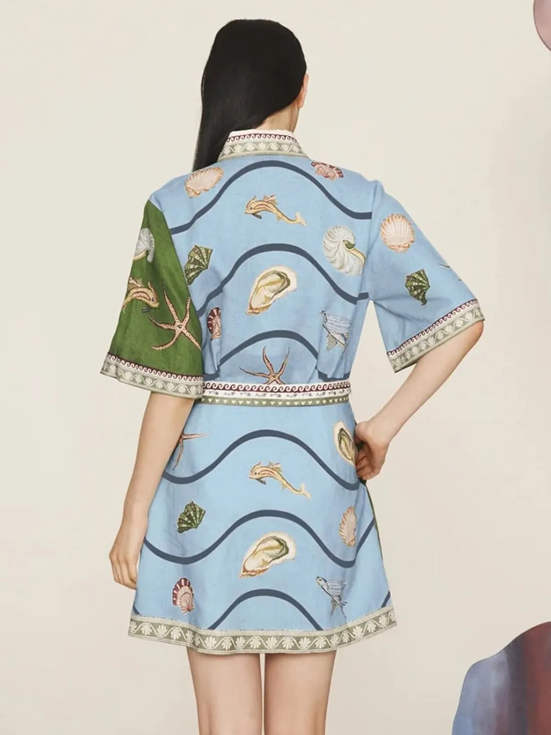 Womens Linen Lapel Floral Dress Button Short Sleeve A Line Shirt Dress Tie Waist Party Dresses