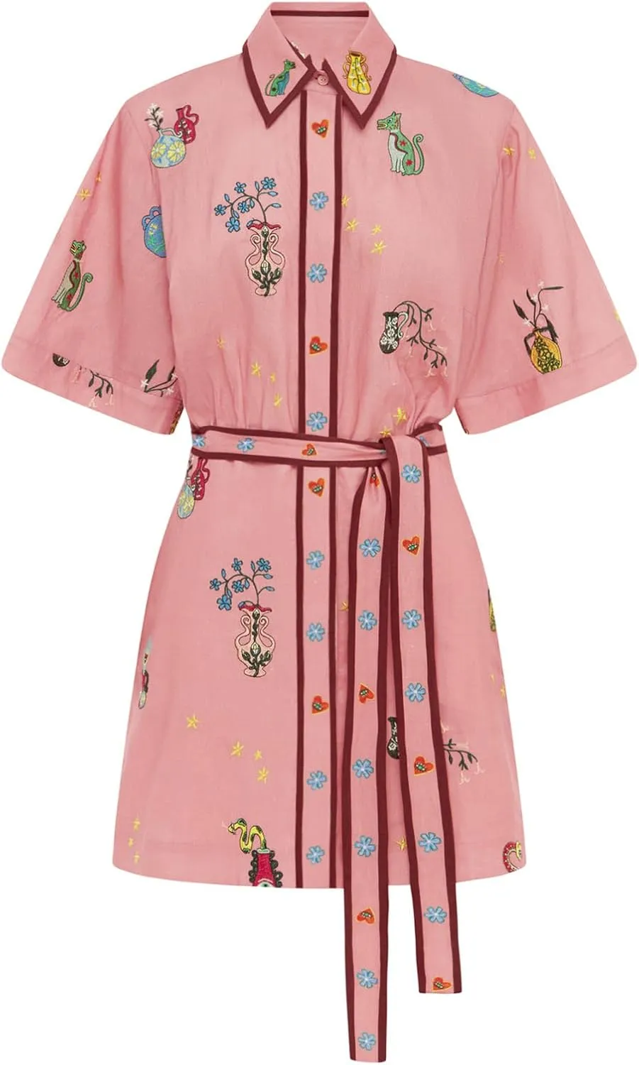 Womens Linen Lapel Floral Dress Button Short Sleeve A Line Shirt Dress Tie Waist Party Dresses