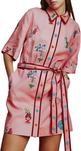 Womens Linen Lapel Floral Dress Button Short Sleeve A Line Shirt Dress Tie Waist Party Dresses