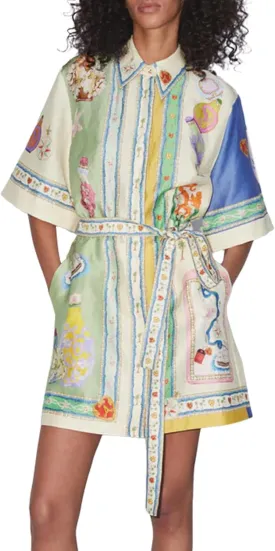 Womens Linen Lapel Floral Dress Button Short Sleeve A Line Shirt Dress Tie Waist Party Dresses