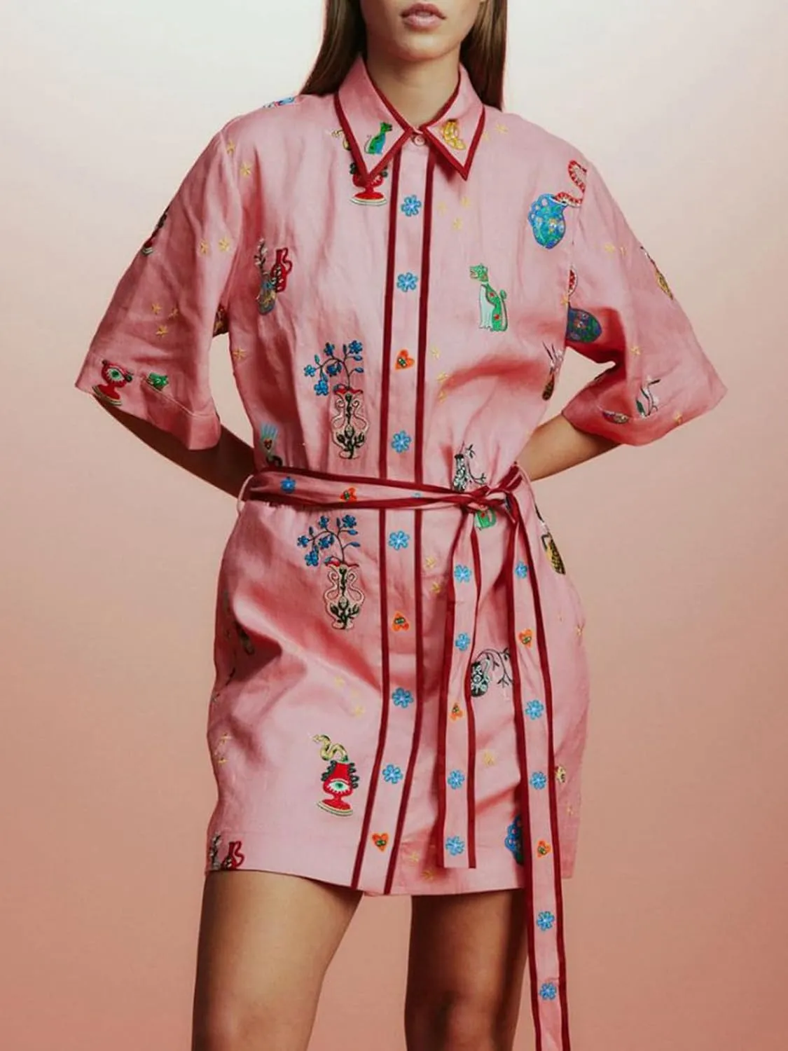 Womens Linen Lapel Floral Dress Button Short Sleeve A Line Shirt Dress Tie Waist Party Dresses