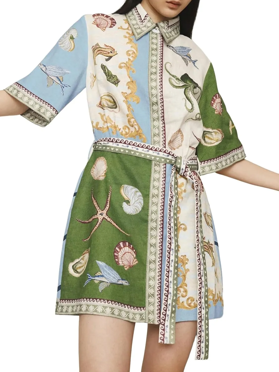 Womens Linen Lapel Floral Dress Button Short Sleeve A Line Shirt Dress Tie Waist Party Dresses