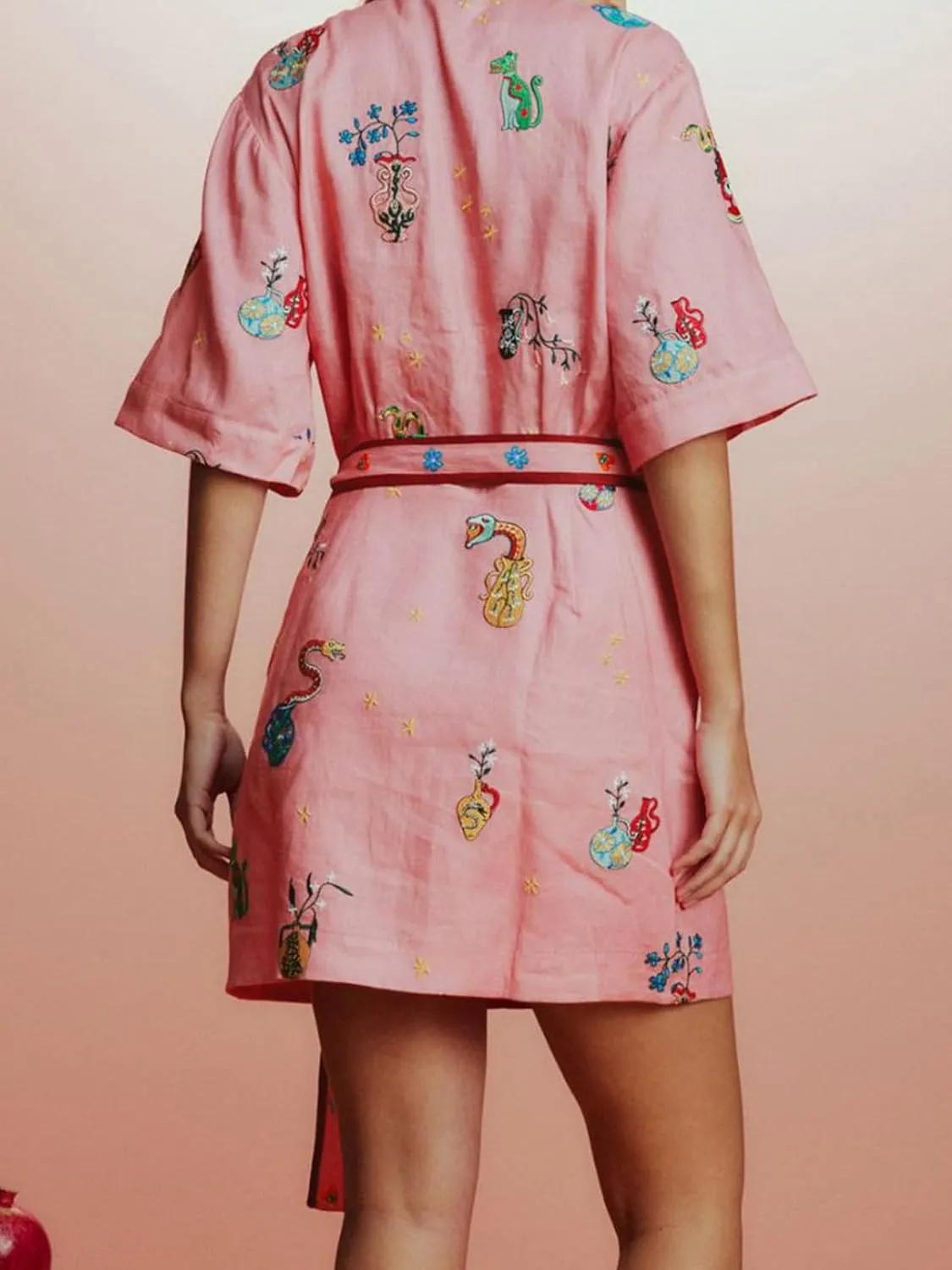 Womens Linen Lapel Floral Dress Button Short Sleeve A Line Shirt Dress Tie Waist Party Dresses