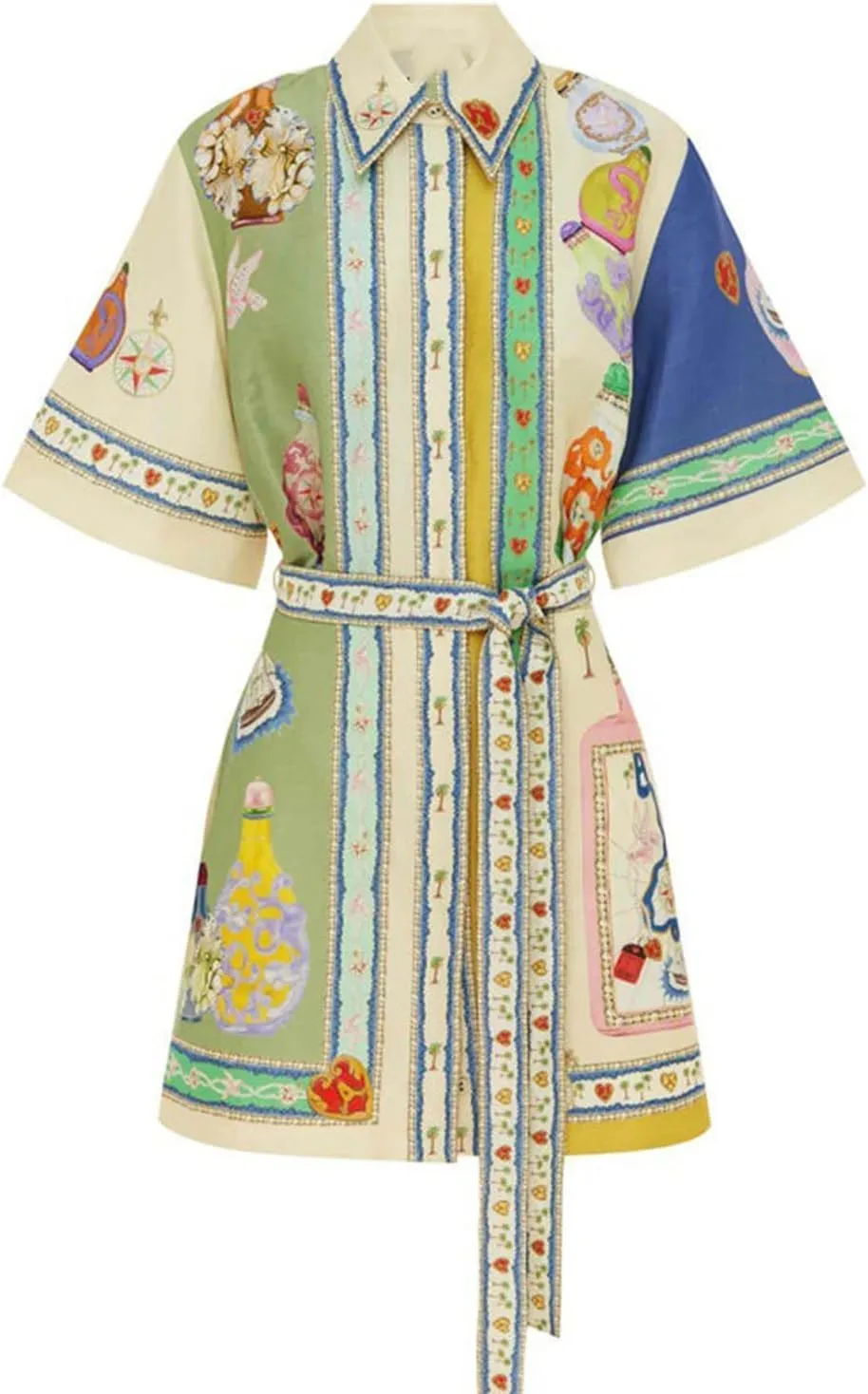 Womens Linen Lapel Floral Dress Button Short Sleeve A Line Shirt Dress Tie Waist Party Dresses