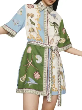 Womens Linen Lapel Floral Dress Button Short Sleeve A Line Shirt Dress Tie Waist Party Dresses