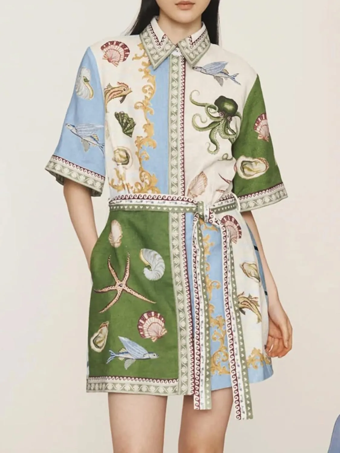 Womens Linen Lapel Floral Dress Button Short Sleeve A Line Shirt Dress Tie Waist Party Dresses