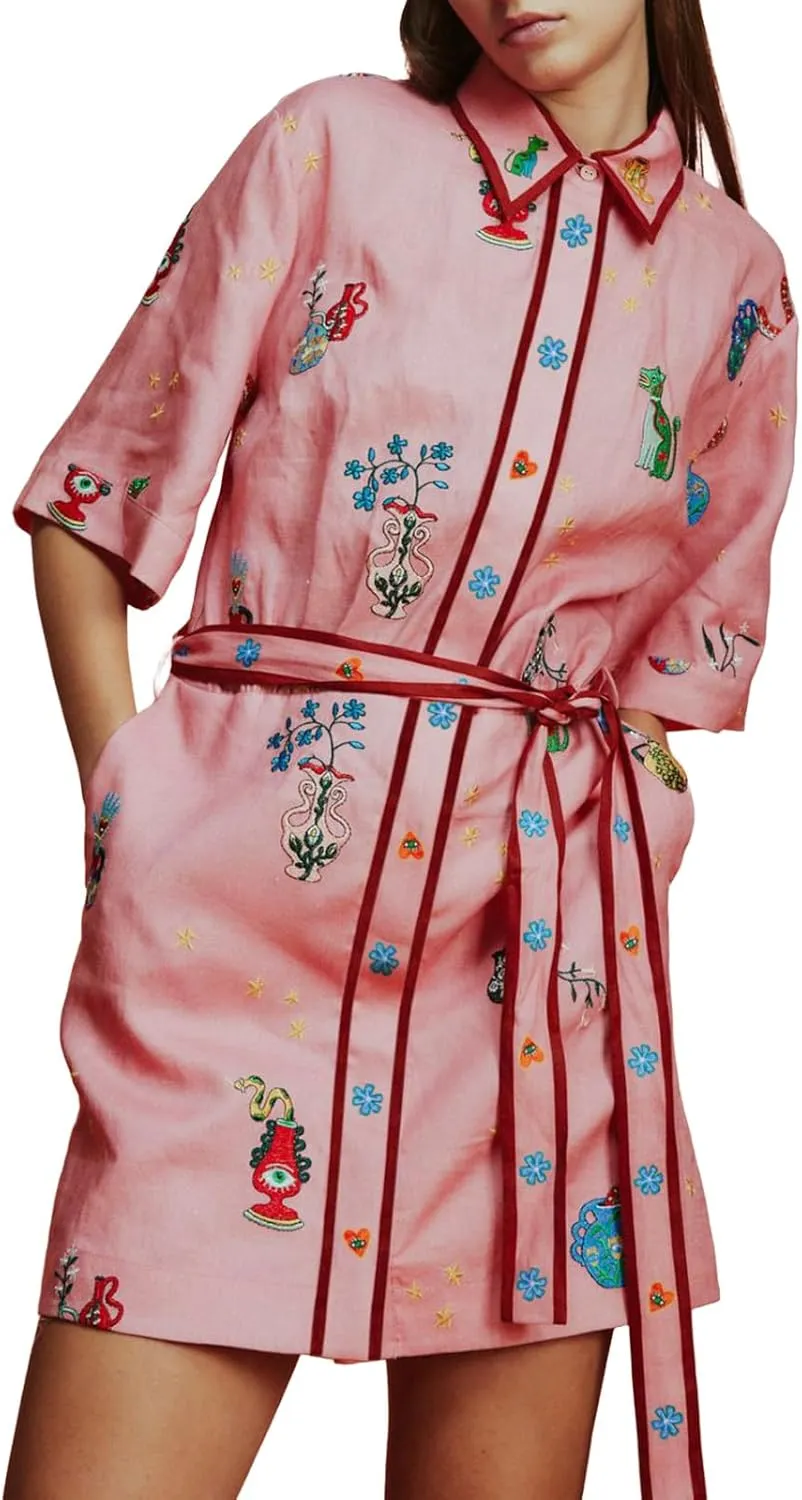 Womens Linen Lapel Floral Dress Button Short Sleeve A Line Shirt Dress Tie Waist Party Dresses
