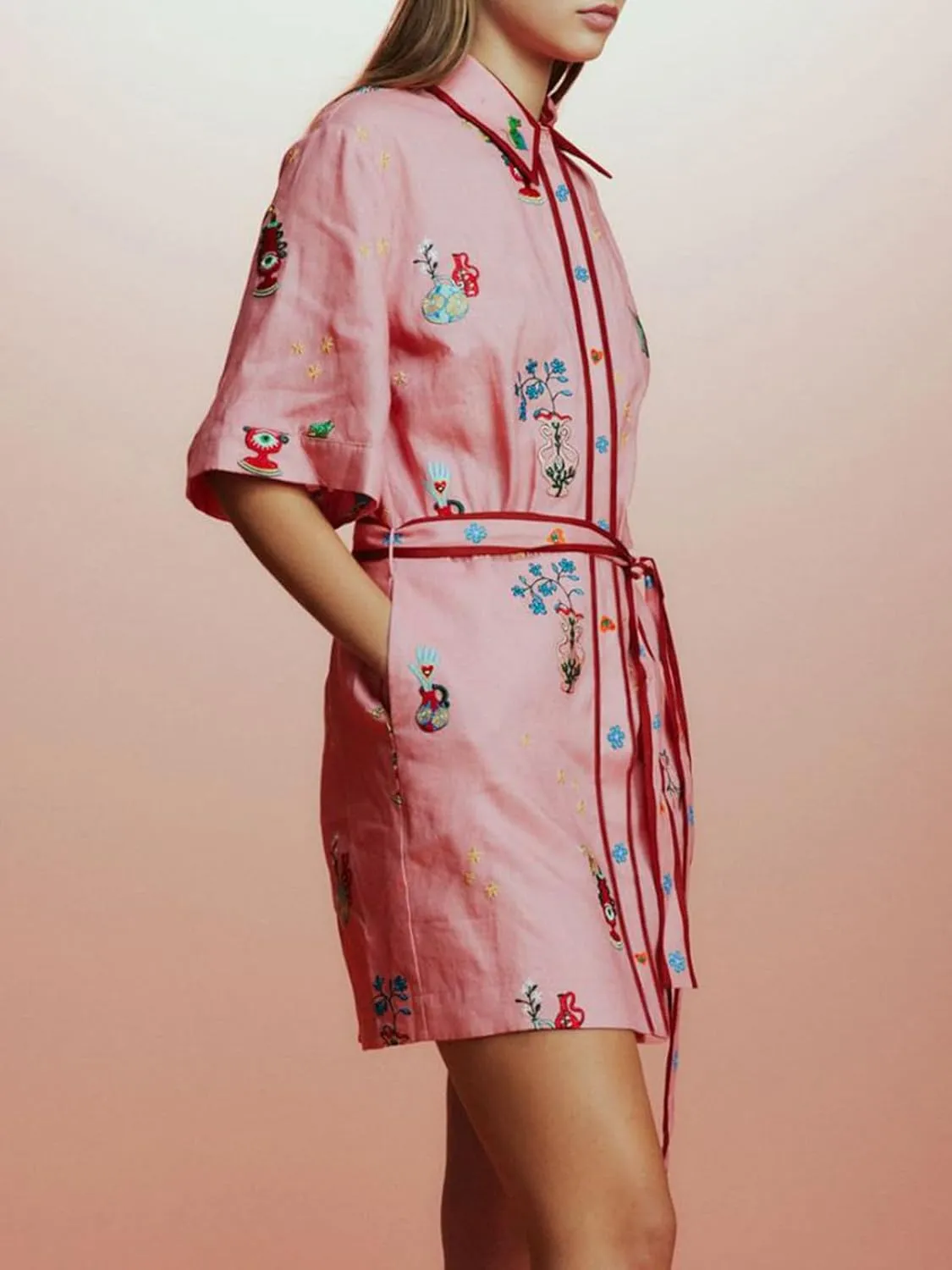 Womens Linen Lapel Floral Dress Button Short Sleeve A Line Shirt Dress Tie Waist Party Dresses