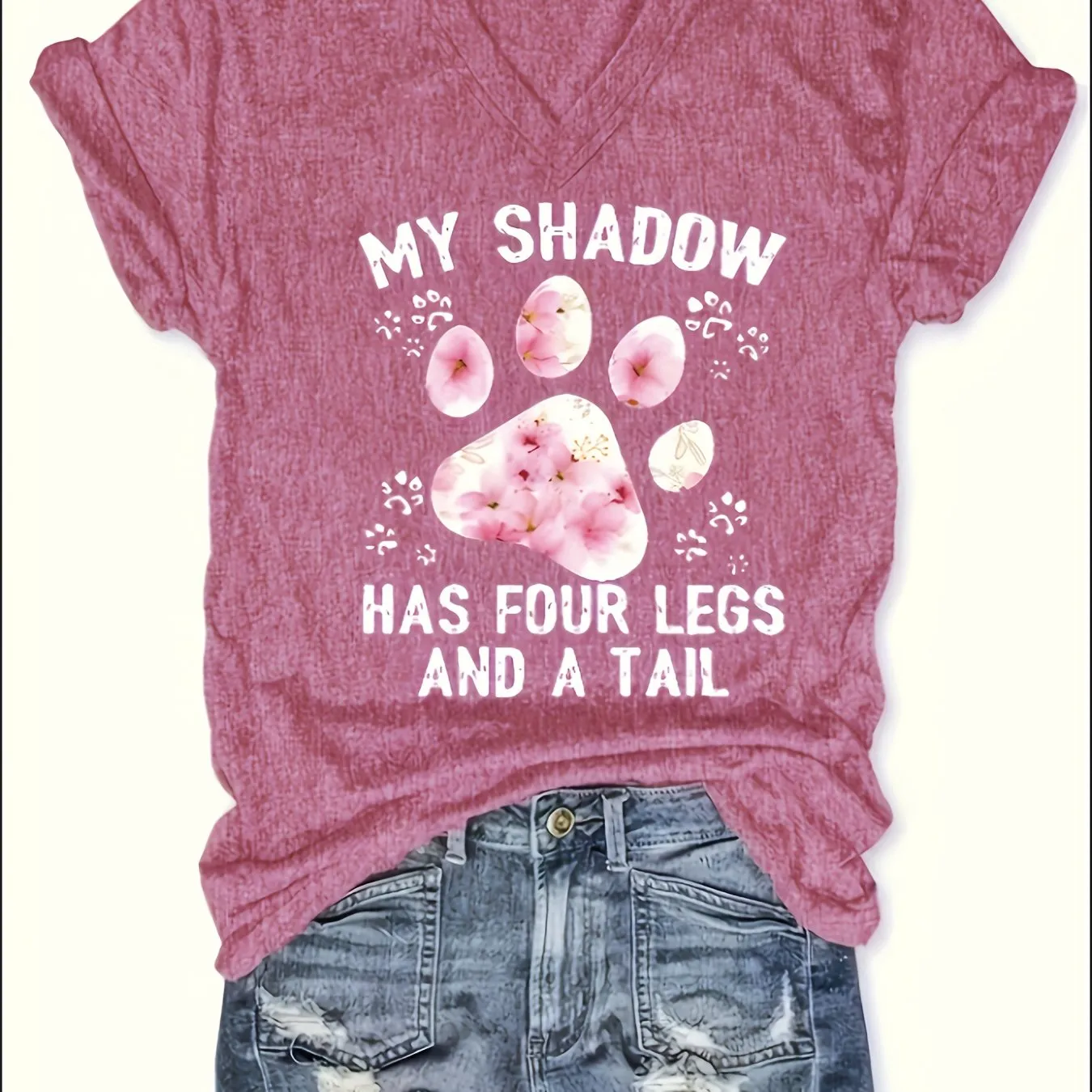 Women's Paw Print V-Neck T-Shirt - Comfy Short Sleeve Casual Top, Perfect for Spring & Summer, Fashionable Everyday Wear