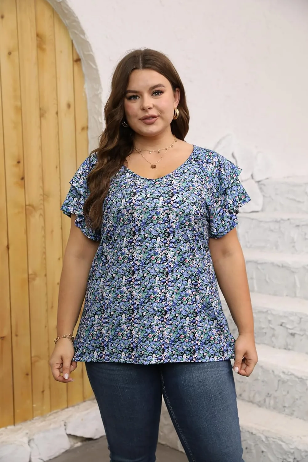 Women's Plus Size Tops Ruffle Short Sleeve V Neck Solid T Shirts Casual Loose Blouses Tunic Top