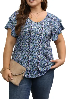 Women's Plus Size Tops Ruffle Short Sleeve V Neck Solid T Shirts Casual Loose Blouses Tunic Top