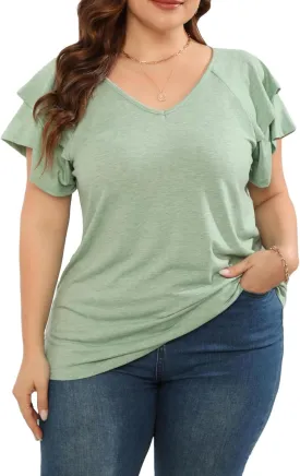Women's Plus Size Tops Ruffle Short Sleeve V Neck Solid T Shirts Casual Loose Blouses Tunic Top