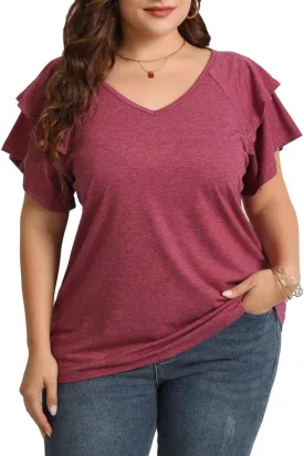 Women's Plus Size Tops Ruffle Short Sleeve V Neck Solid T Shirts Casual Loose Blouses Tunic Top