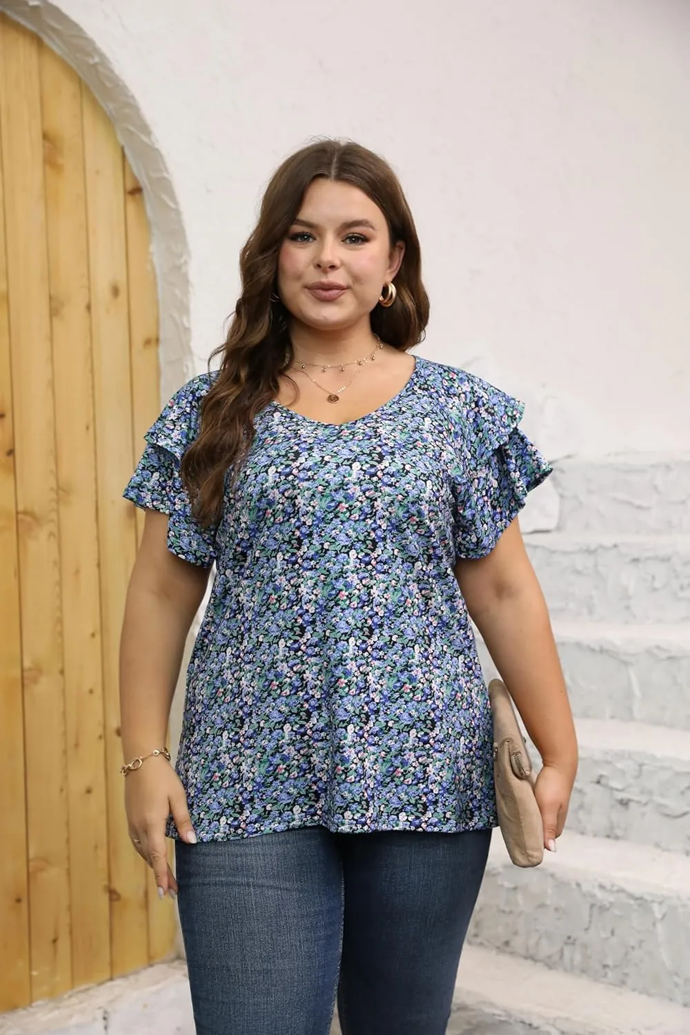 Women's Plus Size Tops Ruffle Short Sleeve V Neck Solid T Shirts Casual Loose Blouses Tunic Top
