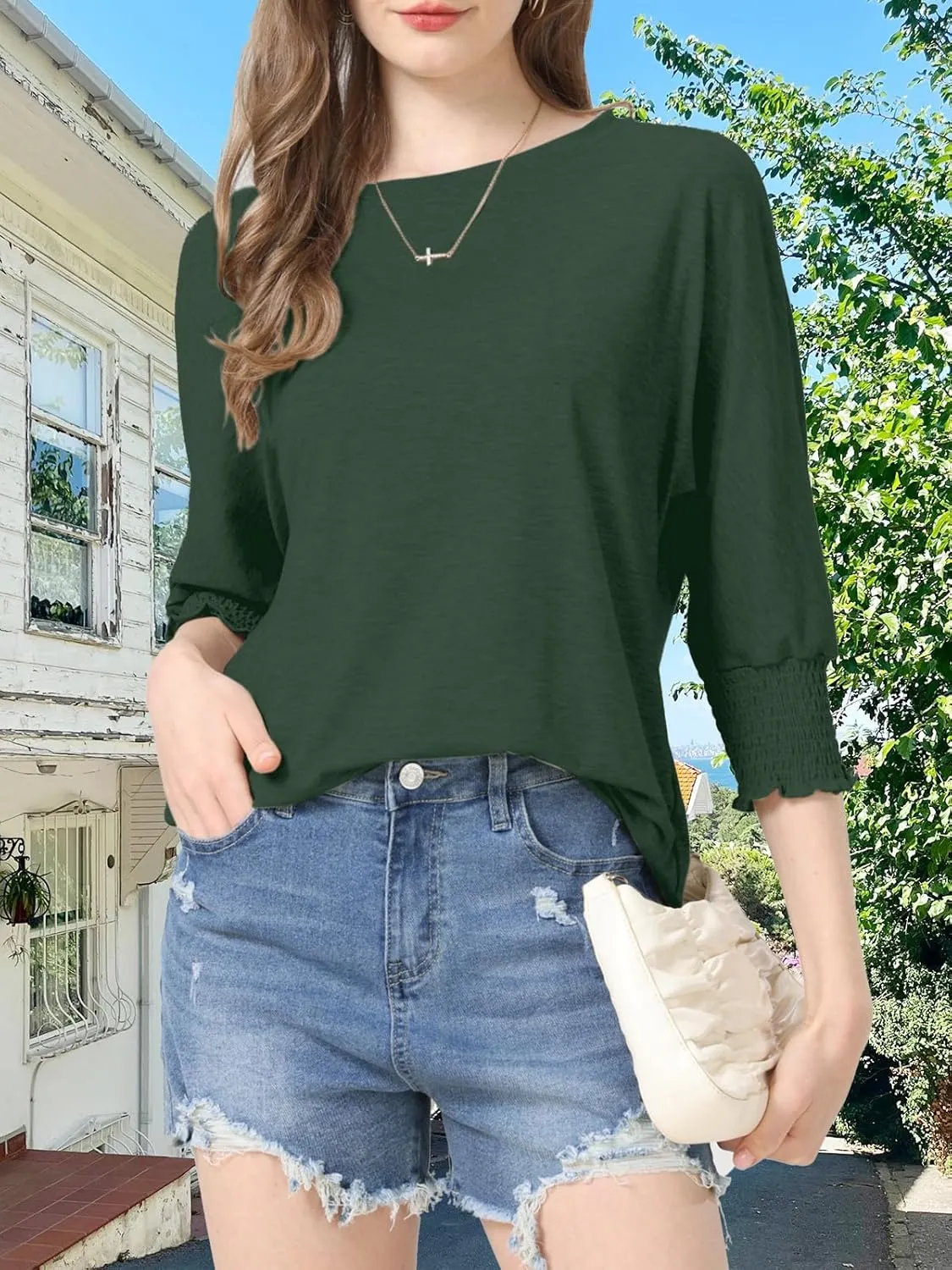 Womens Summer Blouse T-Shirts 3/4 Sleeve Tee Tops Crewneck Basic Business Tees Cute Loose Fit Going Out Shirts Blouses