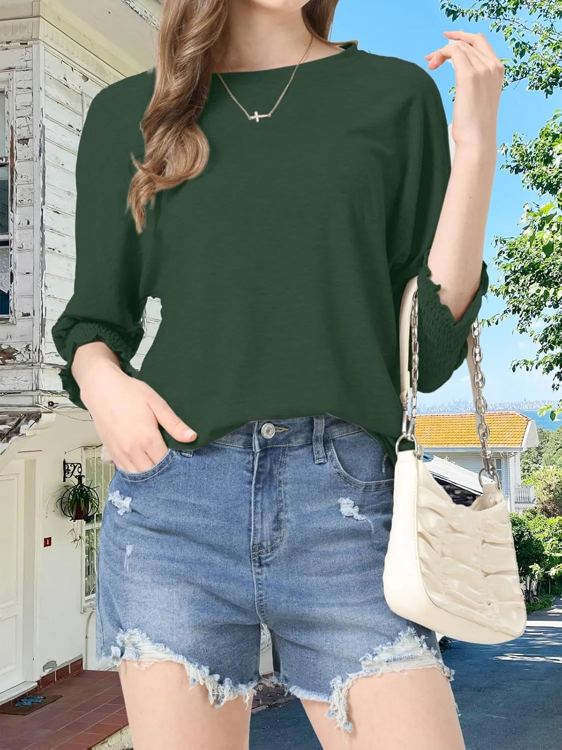 Womens Summer Blouse T-Shirts 3/4 Sleeve Tee Tops Crewneck Basic Business Tees Cute Loose Fit Going Out Shirts Blouses