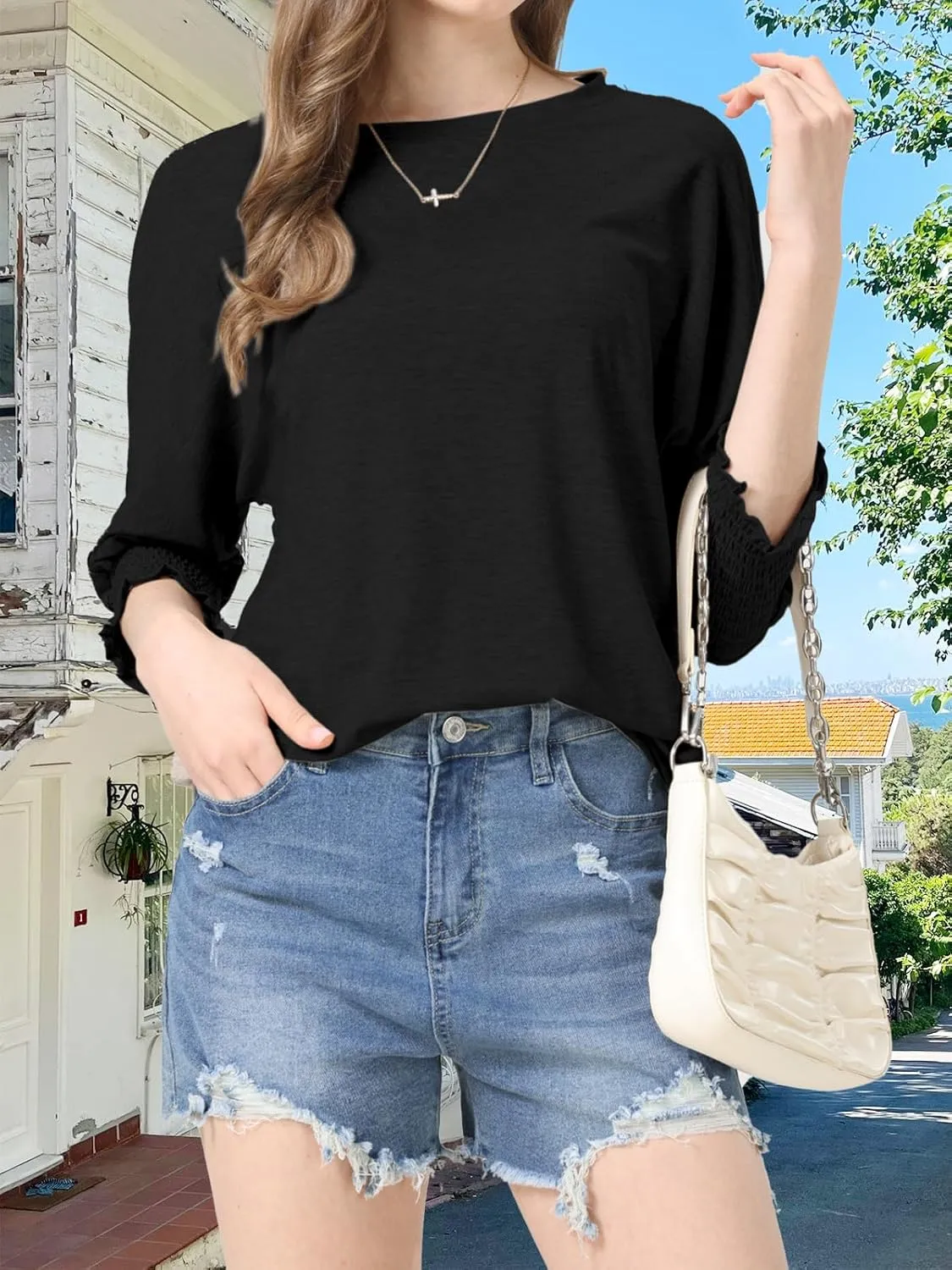 Womens Summer Blouse T-Shirts 3/4 Sleeve Tee Tops Crewneck Basic Business Tees Cute Loose Fit Going Out Shirts Blouses
