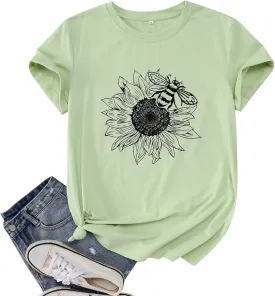 Women's Summer Sunflower T Shirt Cute Flower Graphic Loose Tees Crew Neck Short Sleeve Casual Tops