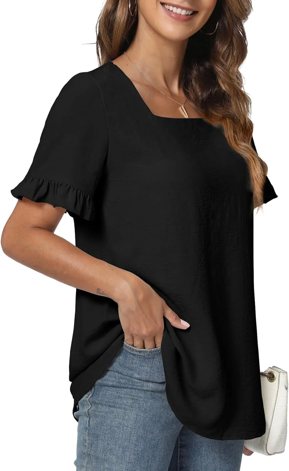 Womens Summer Tops Casual Ruffle Short Sleeve Shirts Square Neck Blouses Loose Fit Tunic