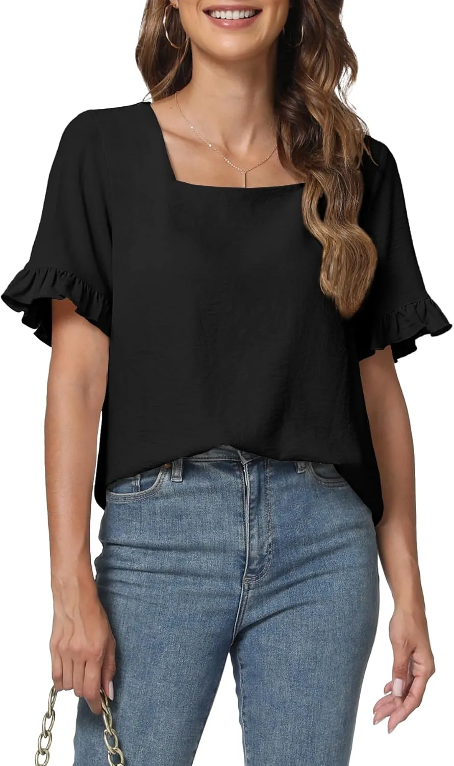 Womens Summer Tops Casual Ruffle Short Sleeve Shirts Square Neck Blouses Loose Fit Tunic