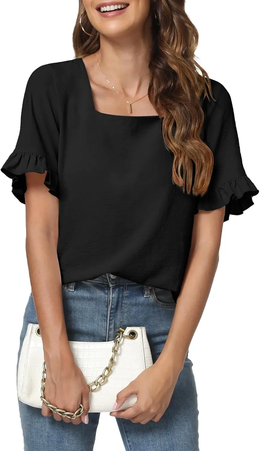 Womens Summer Tops Casual Ruffle Short Sleeve Shirts Square Neck Blouses Loose Fit Tunic