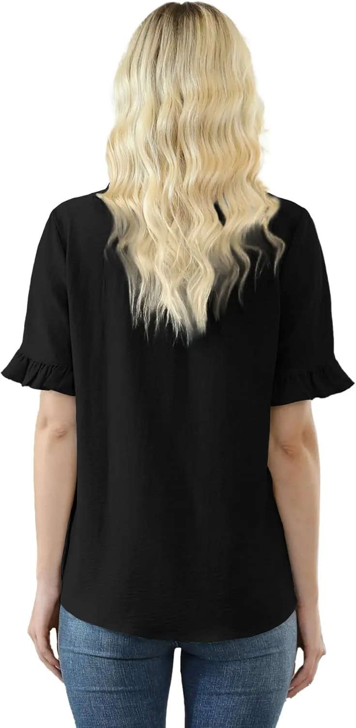 Womens Summer Tops Casual Ruffle Short Sleeve Shirts Square Neck Blouses Loose Fit Tunic