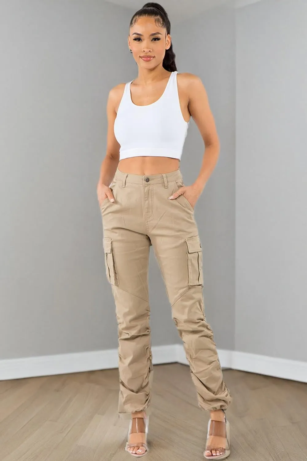 Women's Trendy Slim Fit Belted Cargo Pants with Stretchy Spandex