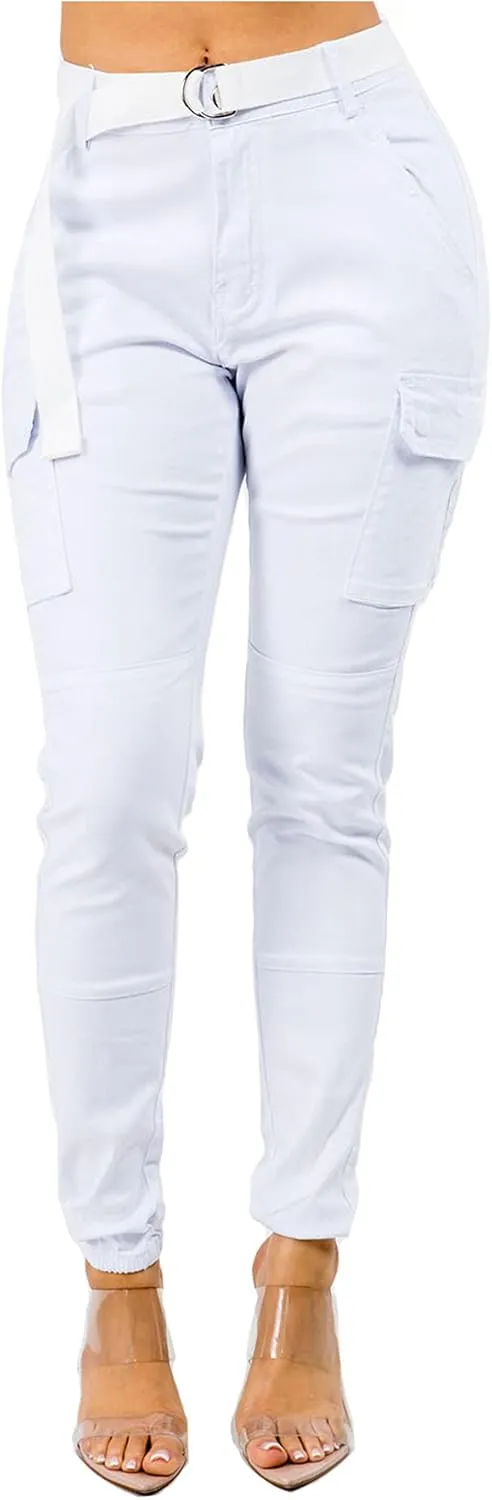 Women's Trendy Slim Fit Belted Cargo Pants with Stretchy Spandex