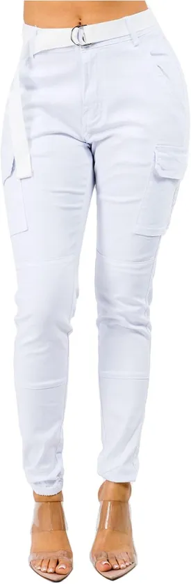 Women's Trendy Slim Fit Belted Cargo Pants with Stretchy Spandex