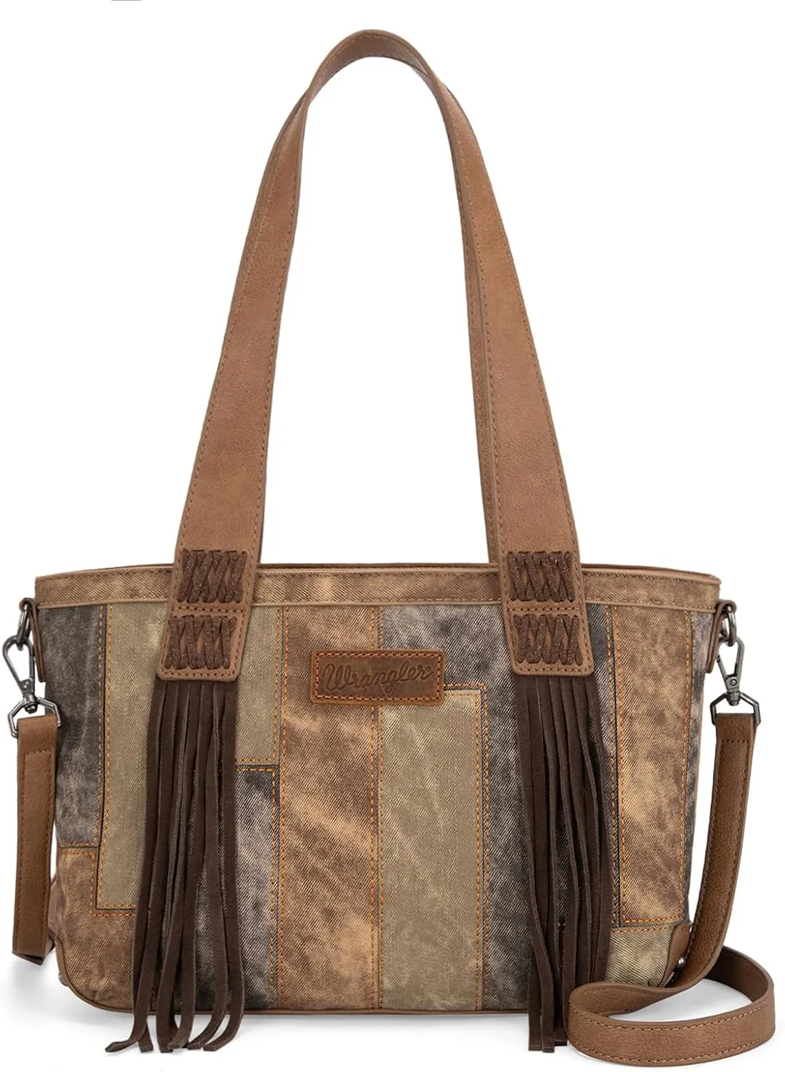 Wrangler Western Fringe Tote Bag for Women, Vintage Patchwork Shoulder Handbag, Denim-Look Crossbody Purse