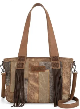 Wrangler Western Fringe Tote Bag for Women, Vintage Patchwork Shoulder Handbag, Denim-Look Crossbody Purse