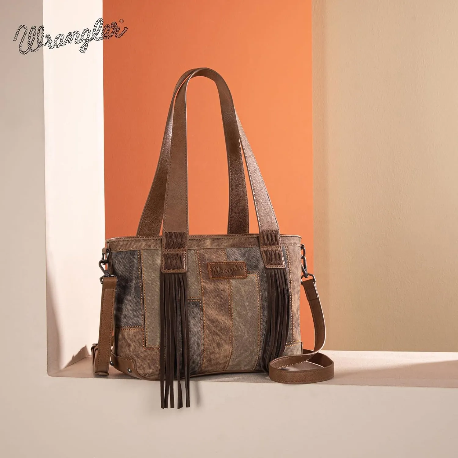 Wrangler Western Fringe Tote Bag for Women, Vintage Patchwork Shoulder Handbag, Denim-Look Crossbody Purse