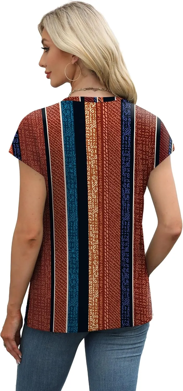 XIEERDUO Womens Tops V Neck Cap Sleeve Loose Fit Tee Shirts Summer Spring 2025 Eyelet/Printed