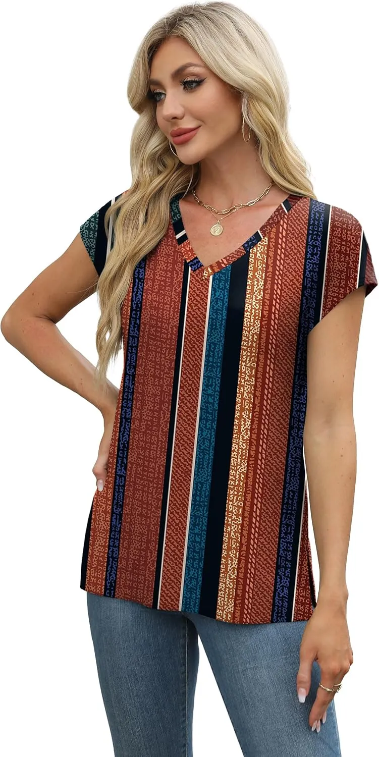 XIEERDUO Womens Tops V Neck Cap Sleeve Loose Fit Tee Shirts Summer Spring 2025 Eyelet/Printed