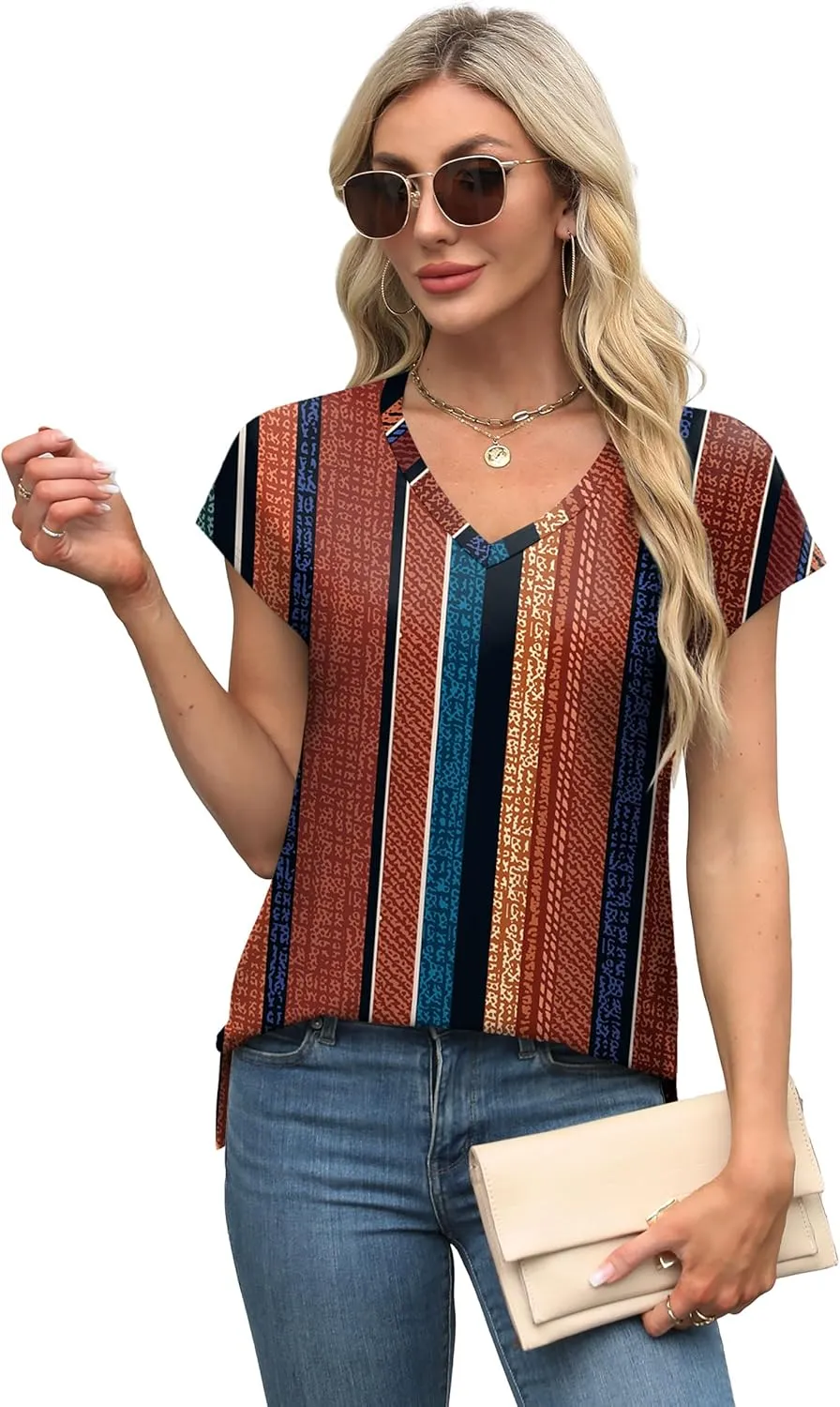 XIEERDUO Womens Tops V Neck Cap Sleeve Loose Fit Tee Shirts Summer Spring 2025 Eyelet/Printed