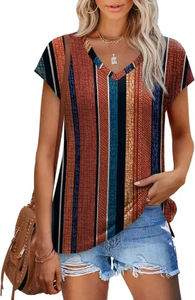 XIEERDUO Womens Tops V Neck Cap Sleeve Loose Fit Tee Shirts Summer Spring 2025 Eyelet/Printed