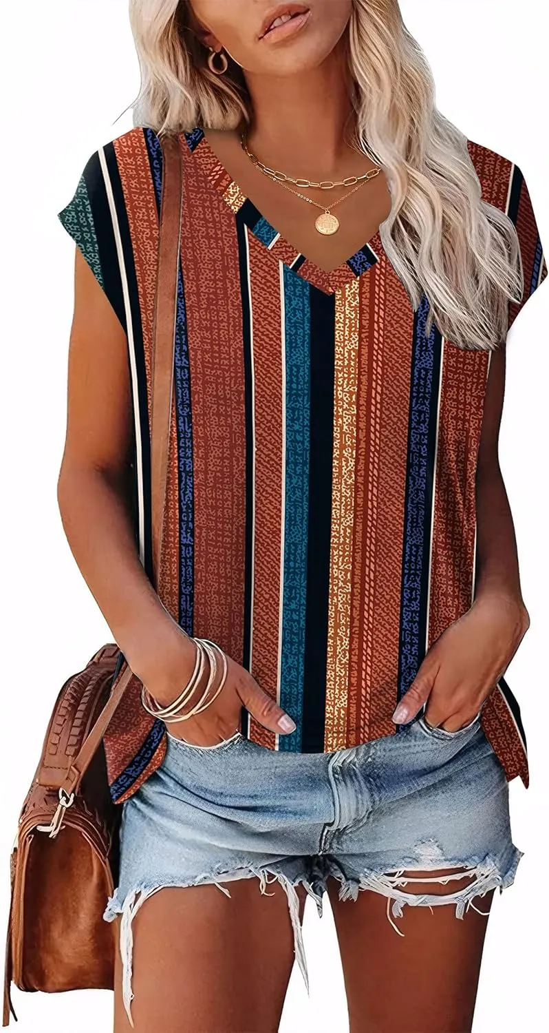 XIEERDUO Womens Tops V Neck Cap Sleeve Loose Fit Tee Shirts Summer Spring 2025 Eyelet/Printed