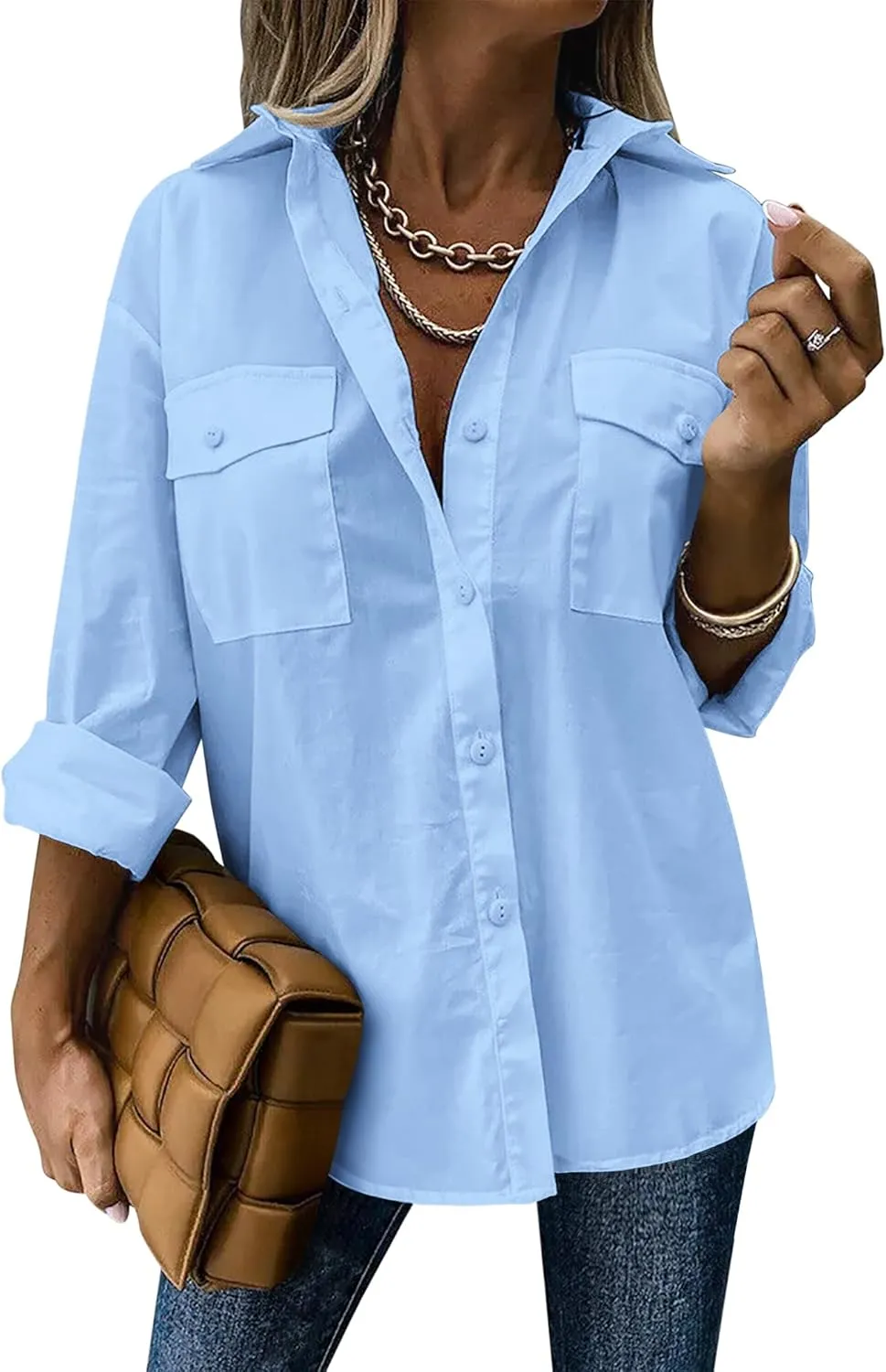 Zeagoo Womens Button Down Shirts Casual Long Sleeve Drop Shoulder Blouses Solid Color Dress Shirts with Pockets