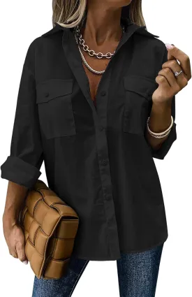 Zeagoo Womens Button Down Shirts Casual Long Sleeve Drop Shoulder Blouses Solid Color Dress Shirts with Pockets