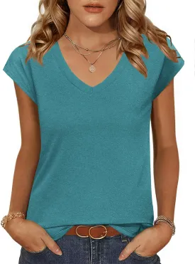 Zeagoo Womens Tops Cap Sleeve T Shirts V Neck Basic Tees Tops Lightweight Casual Summer Fashion Trendy Outfits Clothes